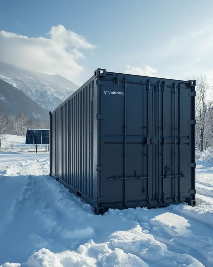 Voltfang Batteriespeicher steht im Winterszenario draußen.